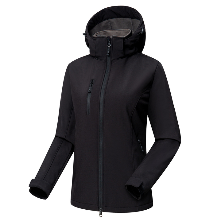 Windproof women's softshell jacket with hood, offering protection for outdoor activities & everyday comfort.