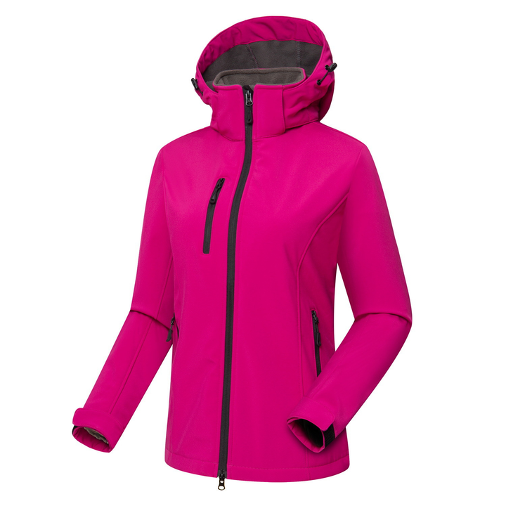Stylish women's hooded softshell jacket, windproof & lightweight for active outdoor and casual wear.