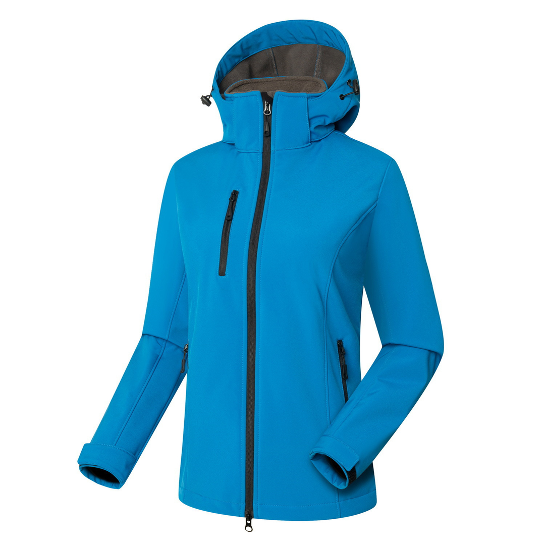 Women's full zip windproof softshell jacket with hood & pockets, designed for active outdoor & everyday comfort.