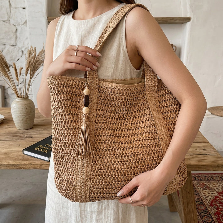 Bohemian green woven straw shoulder bag with a distinct fringe tassel, your go-to summer accessory.