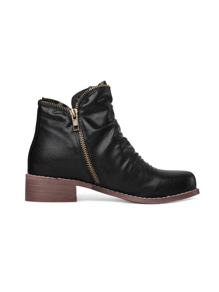 Stylish fall women's wrinkled western ankle boots, low heel, double zip, versatile fashion.