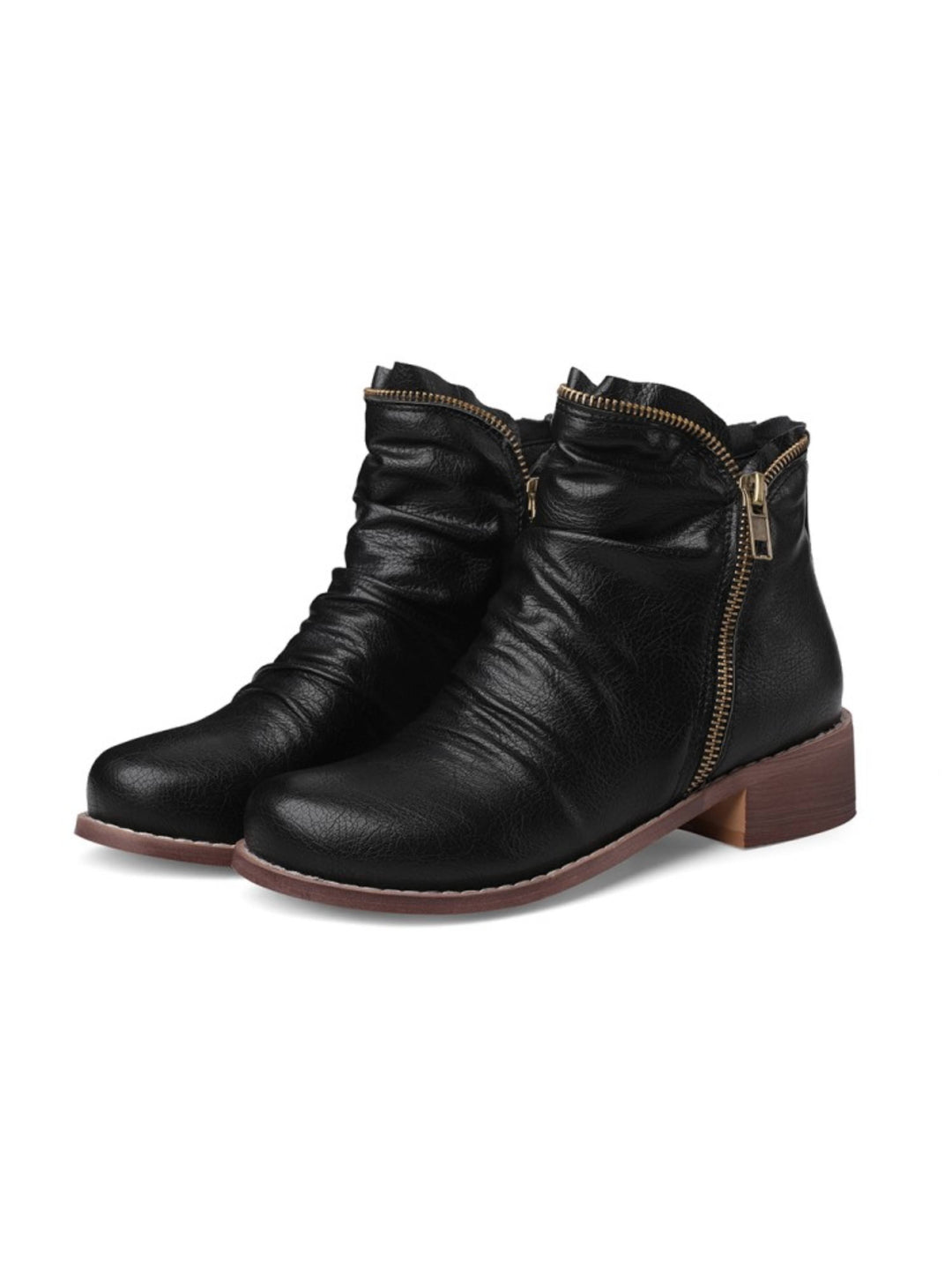 Wrinkled design women's western ankle boots, low heel, double zip, black finish.