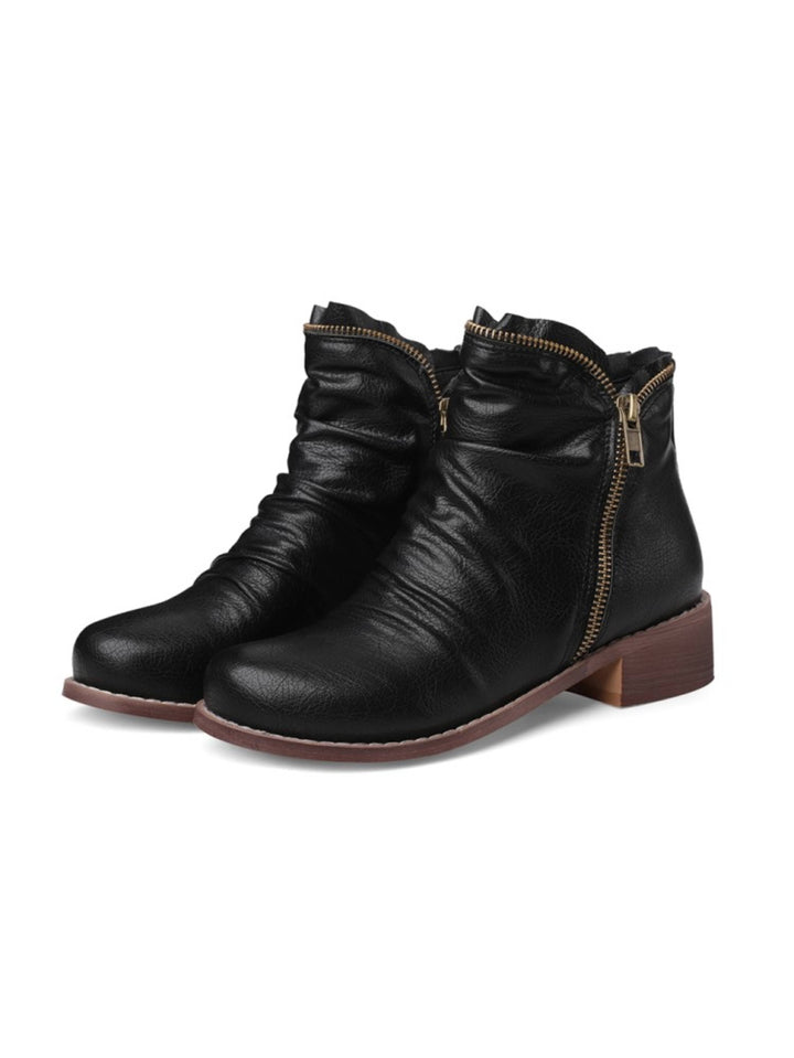Wrinkled design women's western ankle boots, low heel, double zip, black finish.
