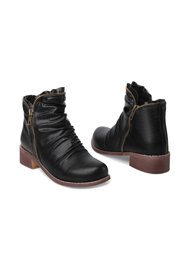 Versatile women's low heel western ankle boots, double zip, wrinkled texture, comfortable fit.