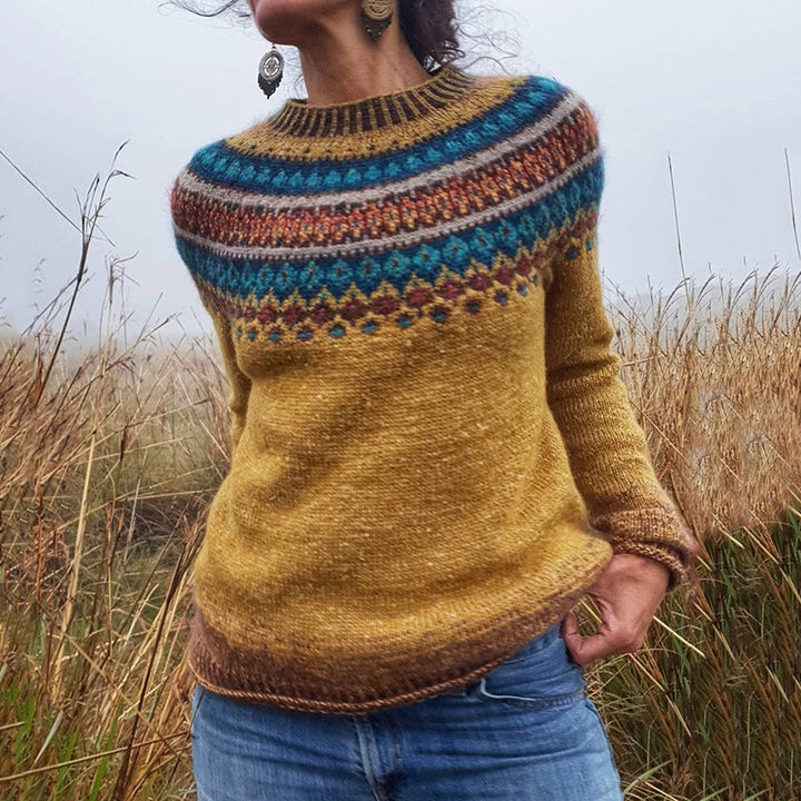 Women's yellow Fair Isle crew neck sweater. Cozy, relaxed fit with Nordic pattern, perfect for casual winter wear.