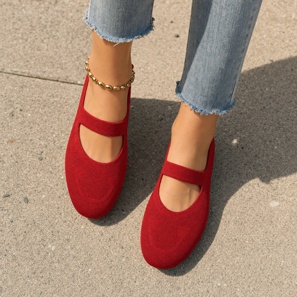 Comfortable black Mary Jane ballet flats with a smiling face, ideal for women's everyday casual style.