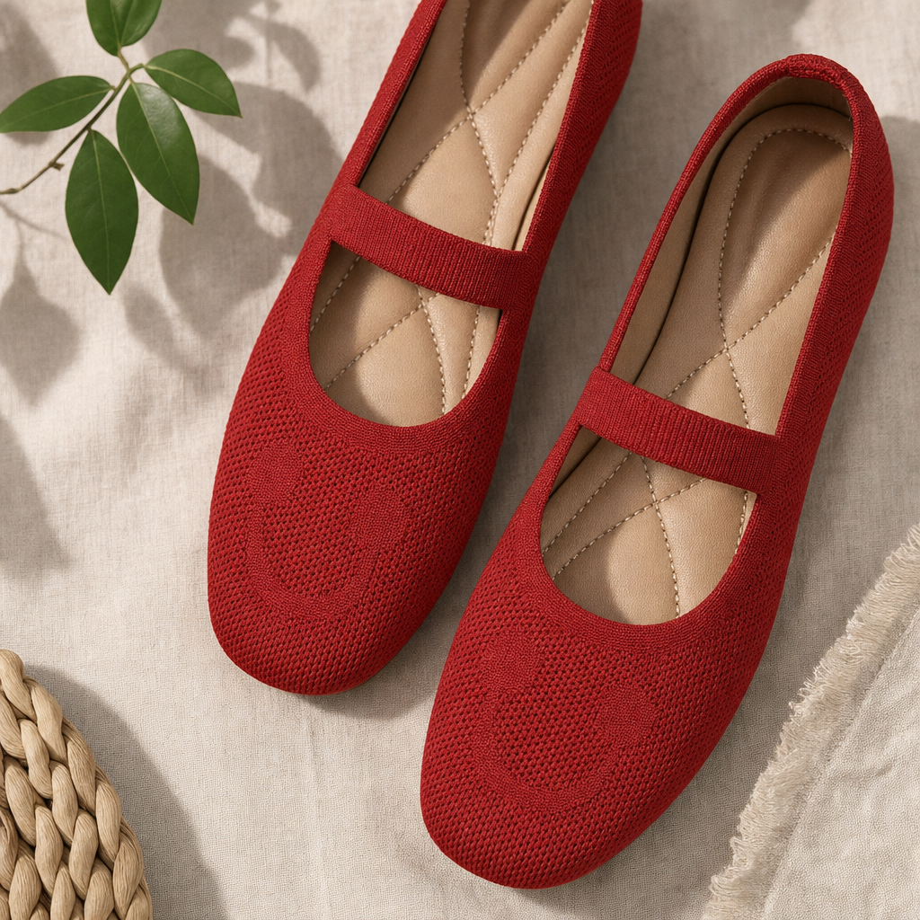Red women's ballet flats featuring a playful smiling face & classic Mary Jane strap for a fun everyday look.