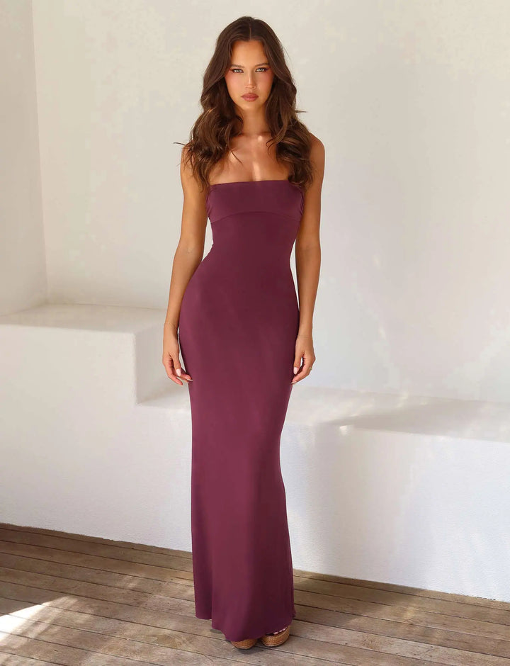 Elegant women's evening gown, strapless & backless, perfect for formal events.