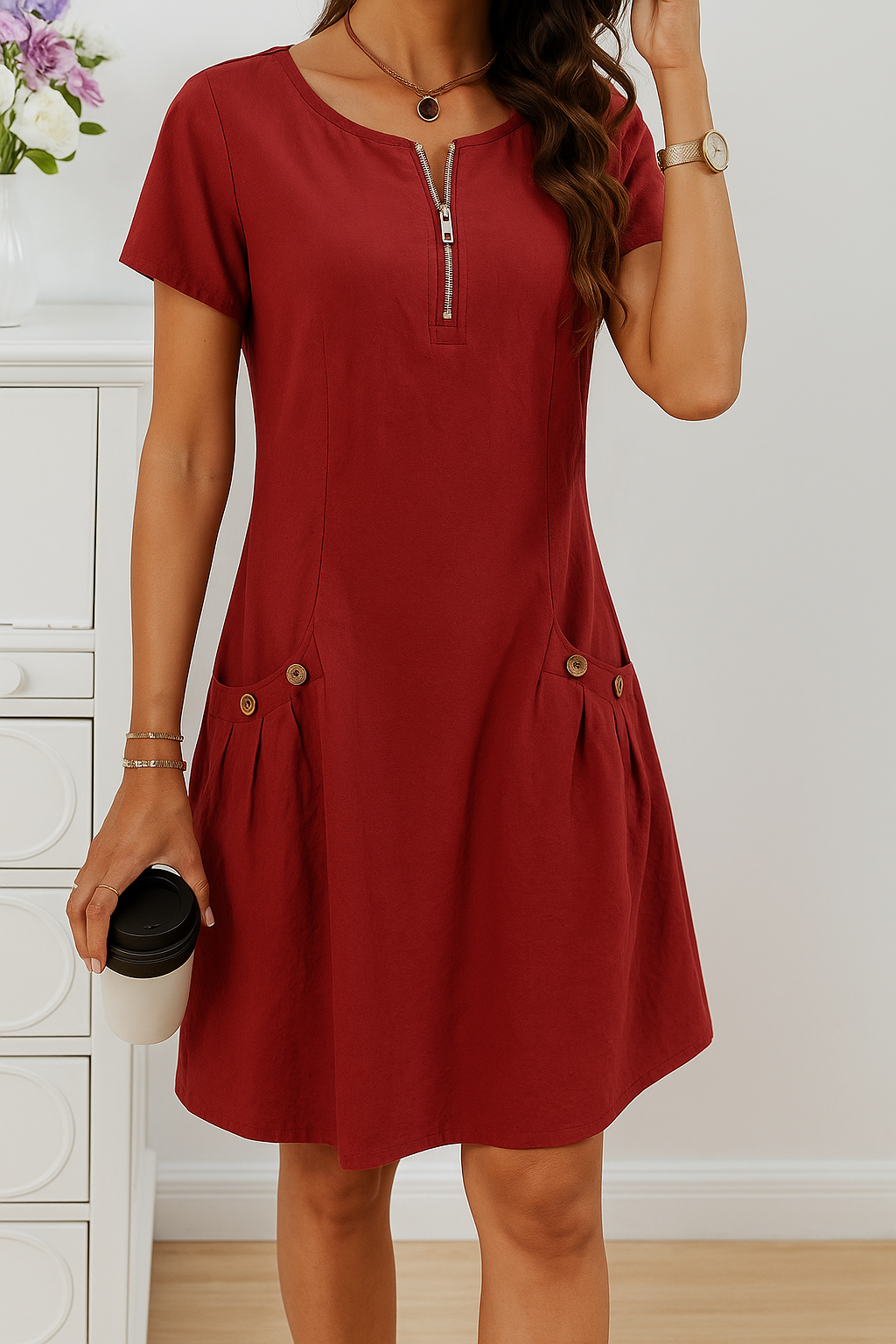Comfortable women's short sleeve midi dress, zip front design. Perfect relaxed fit for casual summer days.