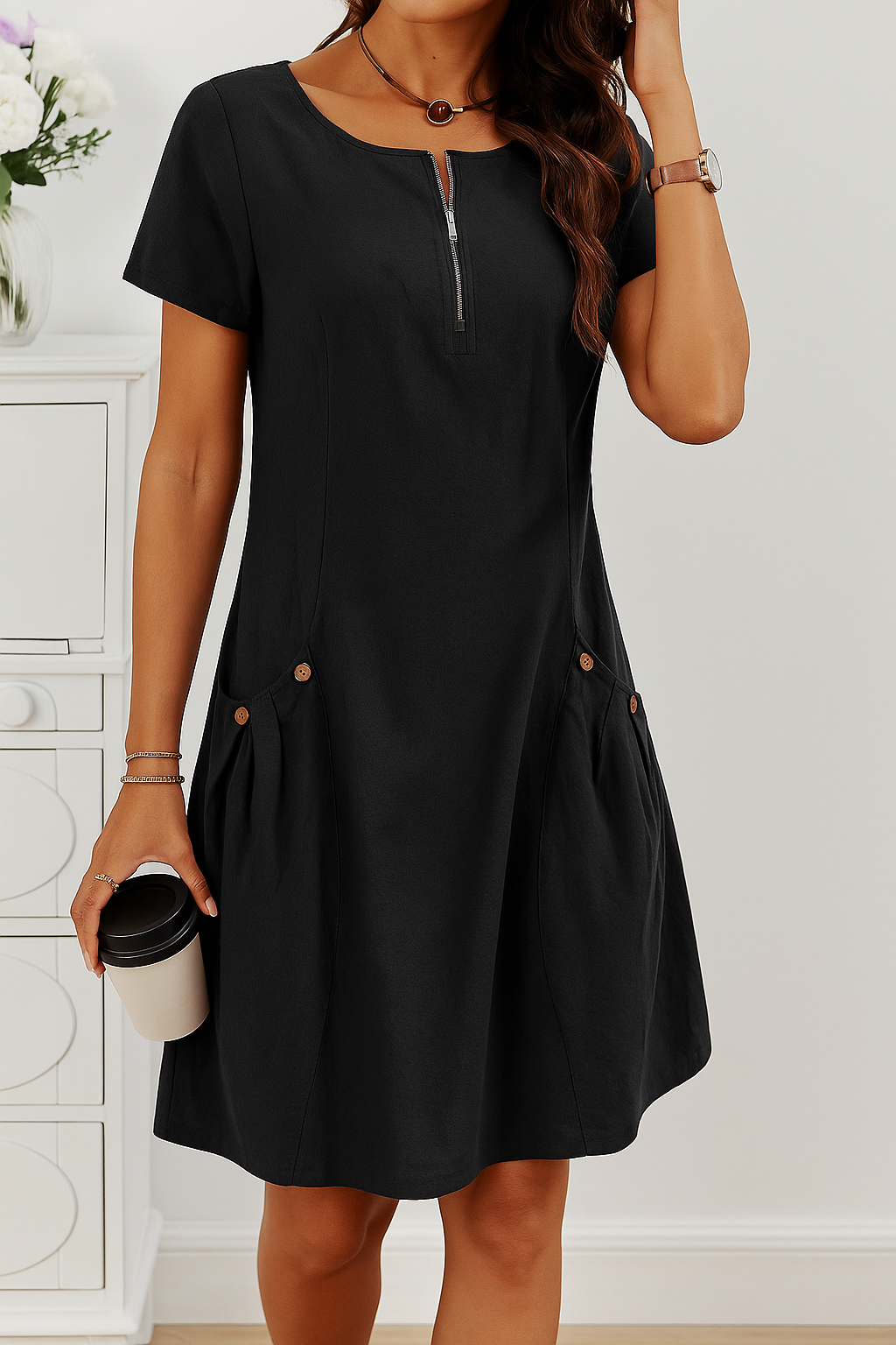 Women's short sleeve casual midi dress with zip front. Effortless summer fashion, relaxed fit, utility pockets.