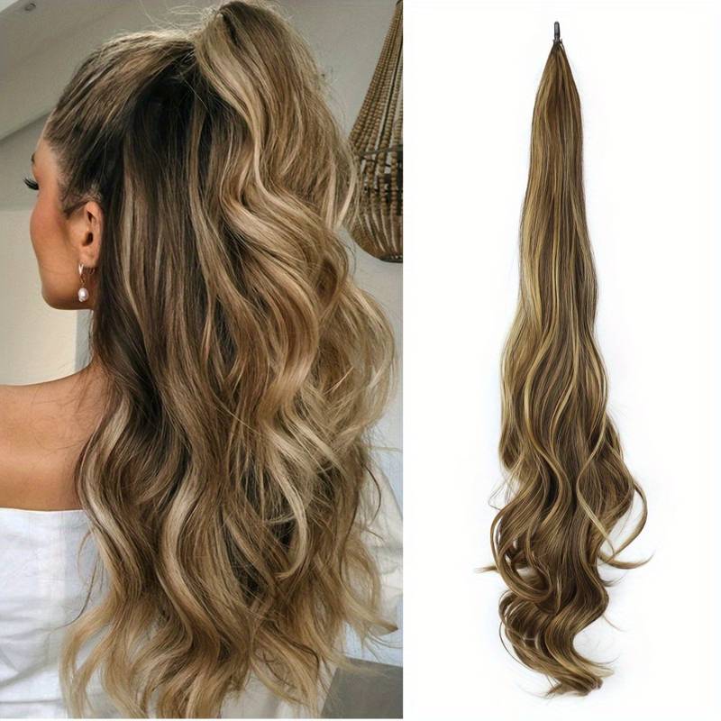 Womens instant volume wrap-around ponytail extension, long wavy synthetic hair for easy styling.