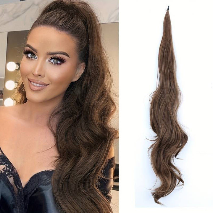 Long synthetic wavy ponytail extension, instant volume wrap-around for women's hair.
