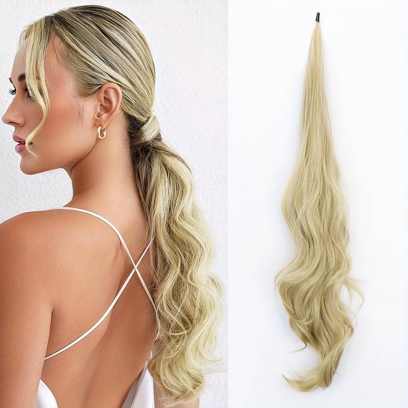 Effortless blonde wrap-around ponytail extension, synthetic wavy hair adds instant volume.