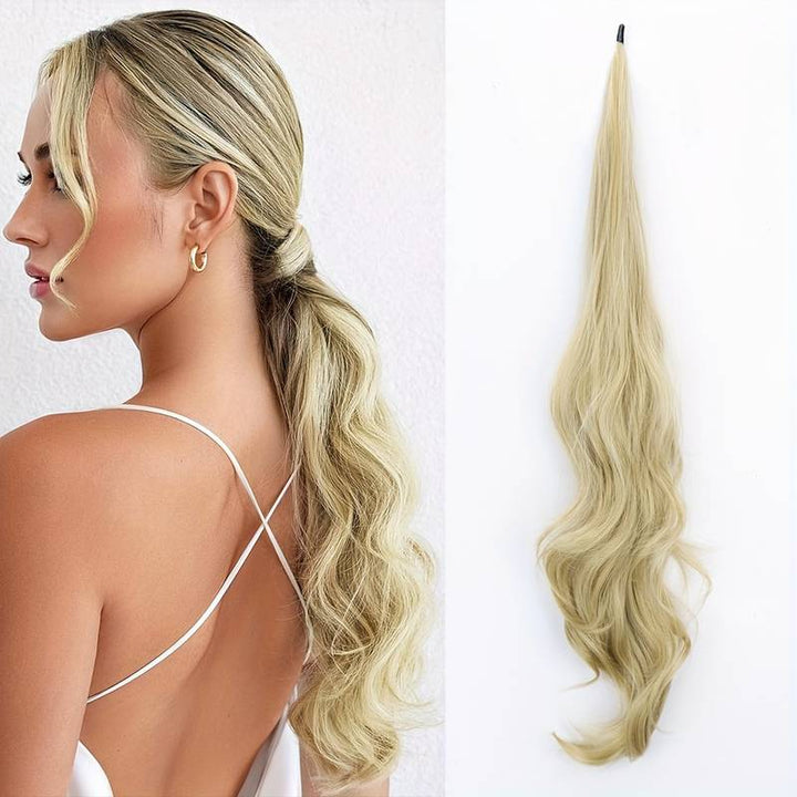 Effortless blonde wrap-around ponytail extension, synthetic wavy hair adds instant volume.