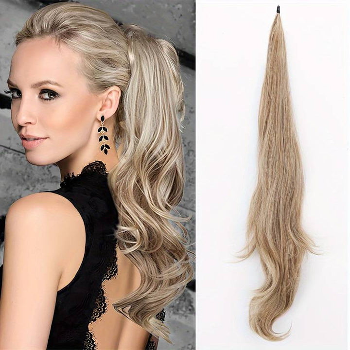 Brunette instant volume wrap-around ponytail, long wavy hair extension for quick style.