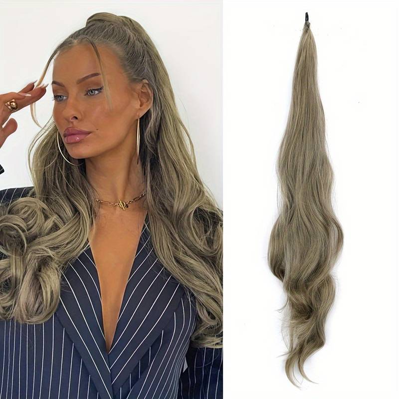 Black synthetic wavy hair extension, women's wrap-around ponytail for instant volume.