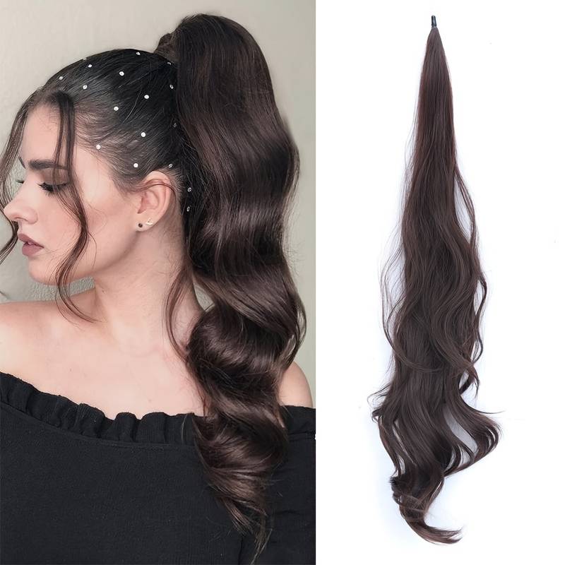 Quick style brunette wrap-around ponytail, synthetic hair extension for instant volume.