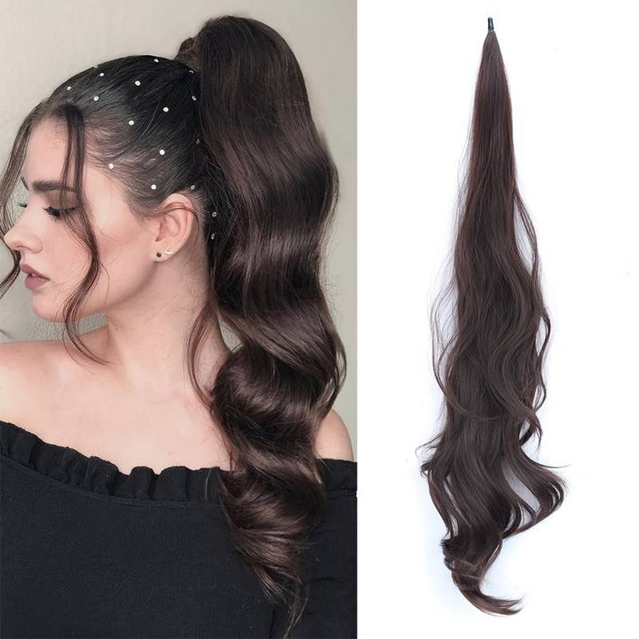 Quick style brunette wrap-around ponytail, synthetic hair extension for instant volume.