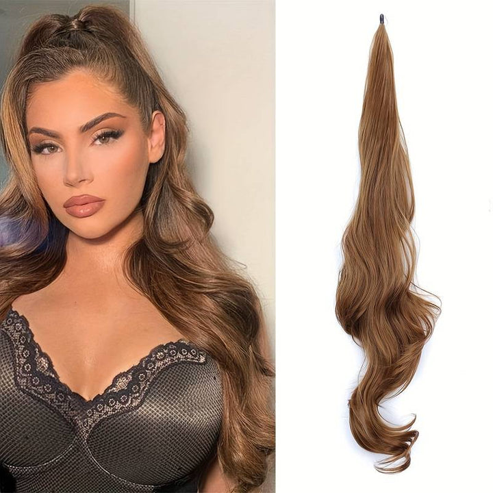 Effortless black wavy hair extension, womens instant volume wrap-around ponytail.