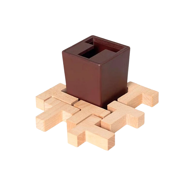 Family-friendly wooden brain game, enhancing logic & spatial thinking through intricate puzzle design