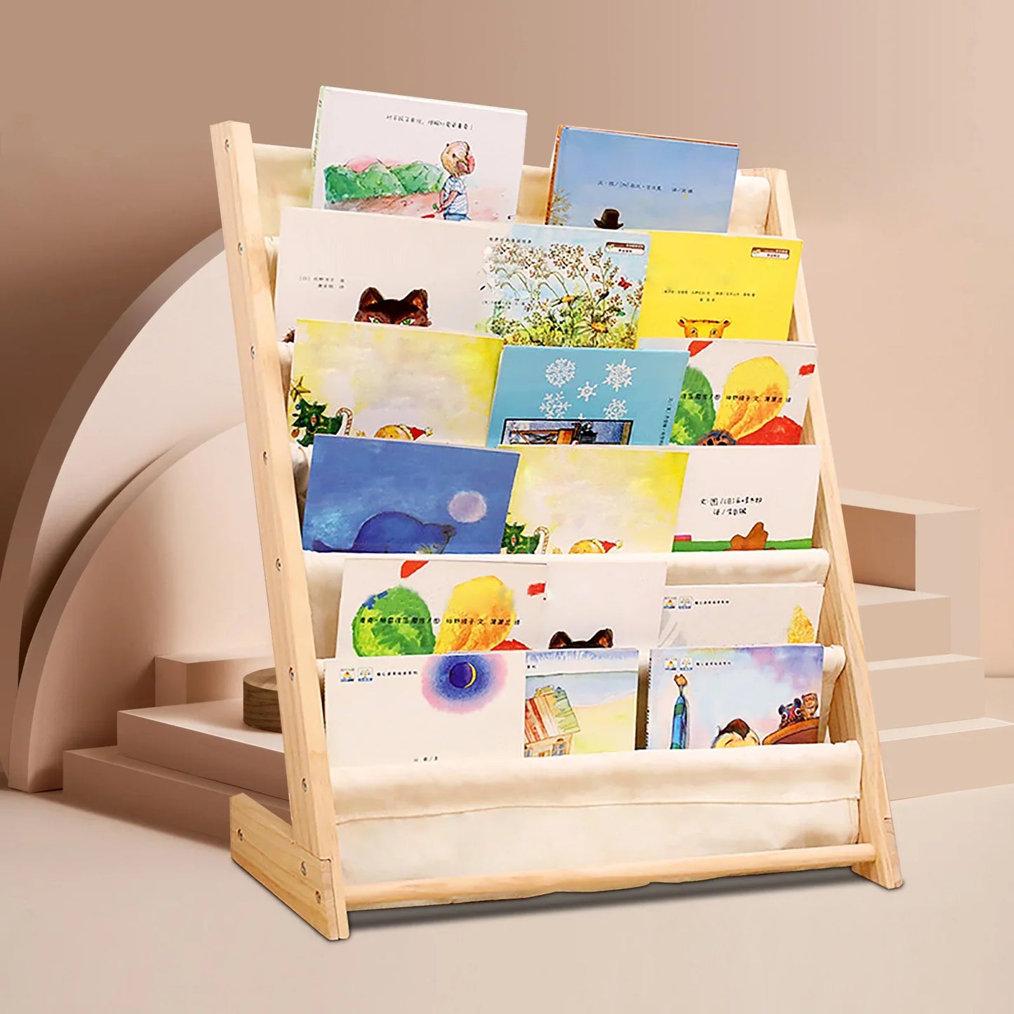 Wooden 6-tier kids bookshelf with colorful canvas slings, perfect for children's book storage
