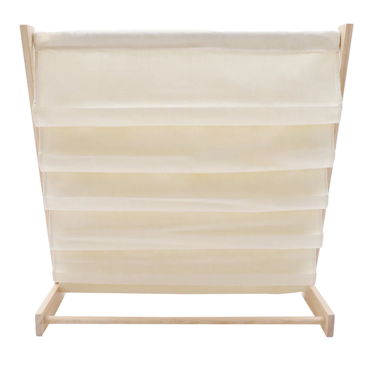 Space-saving wooden book rack for nursery or playroom, 6 canvas slings organize toddler books