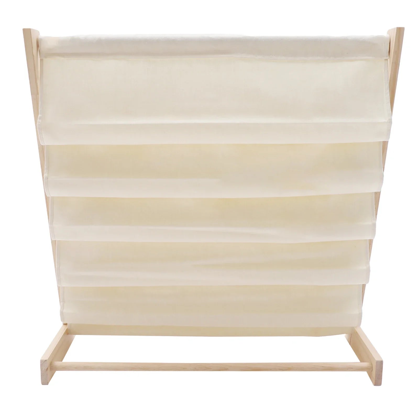 Space-saving wooden book rack for nursery or playroom, 6 canvas slings organize toddler books