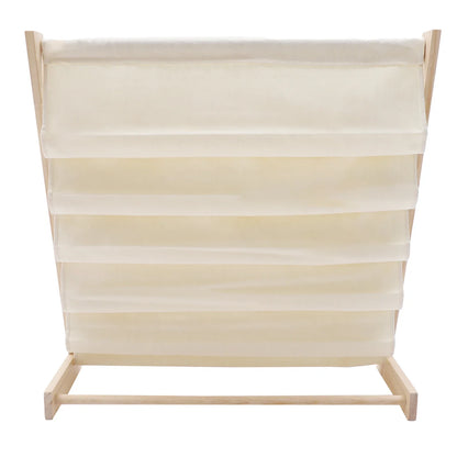 Space-saving wooden book rack for nursery or playroom, 6 canvas slings organize toddler books