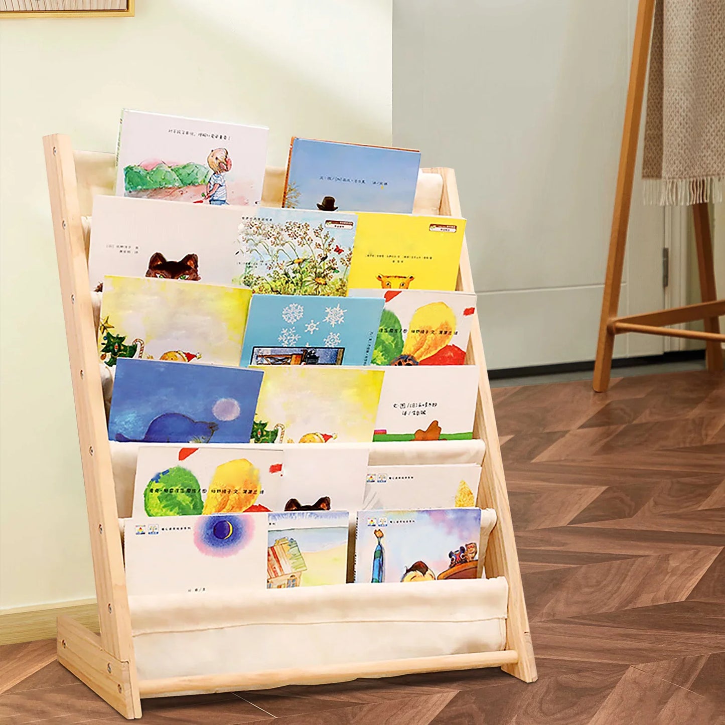 Kids room decor: Wooden 6-tier bookshelf with canvas storage, ideal for children's book display