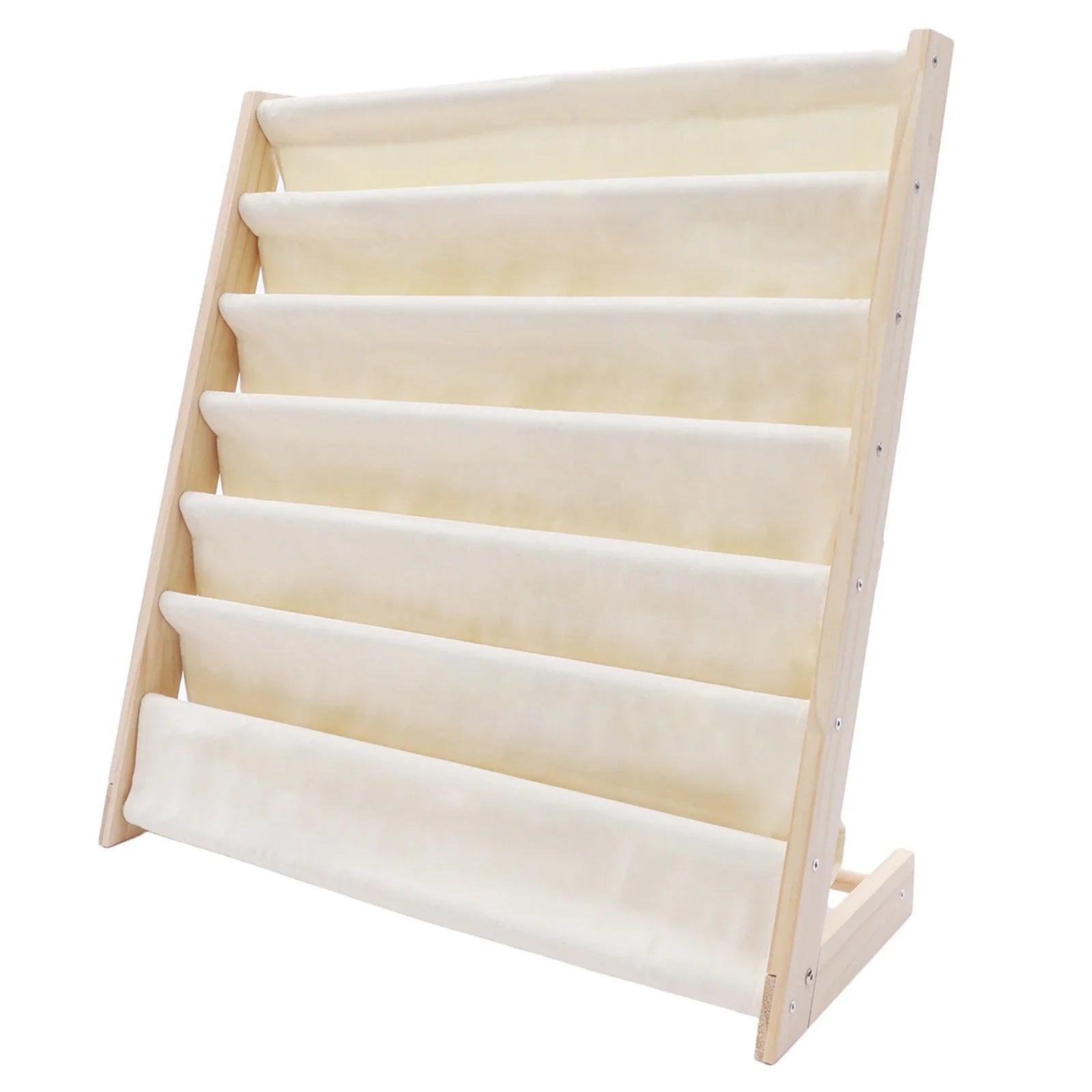 Toddler bookshelf: Wooden 6-tier book rack featuring easy-access canvas slings for kids' books