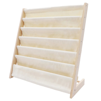 Toddler bookshelf: Wooden 6-tier book rack featuring easy-access canvas slings for kids' books