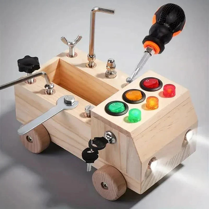 Wooden activity board for children, enhancing fine motor skills & cognitive development.