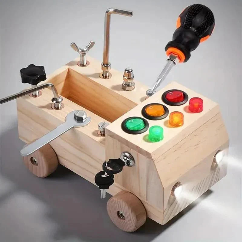Colorful wooden sensory activity board, developing early learning skills & hand-eye coordination.