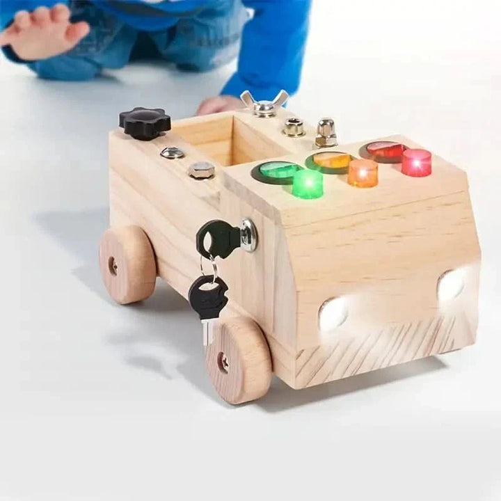 Engaging wooden busy board with various activities, boosting young children's cognitive development.
