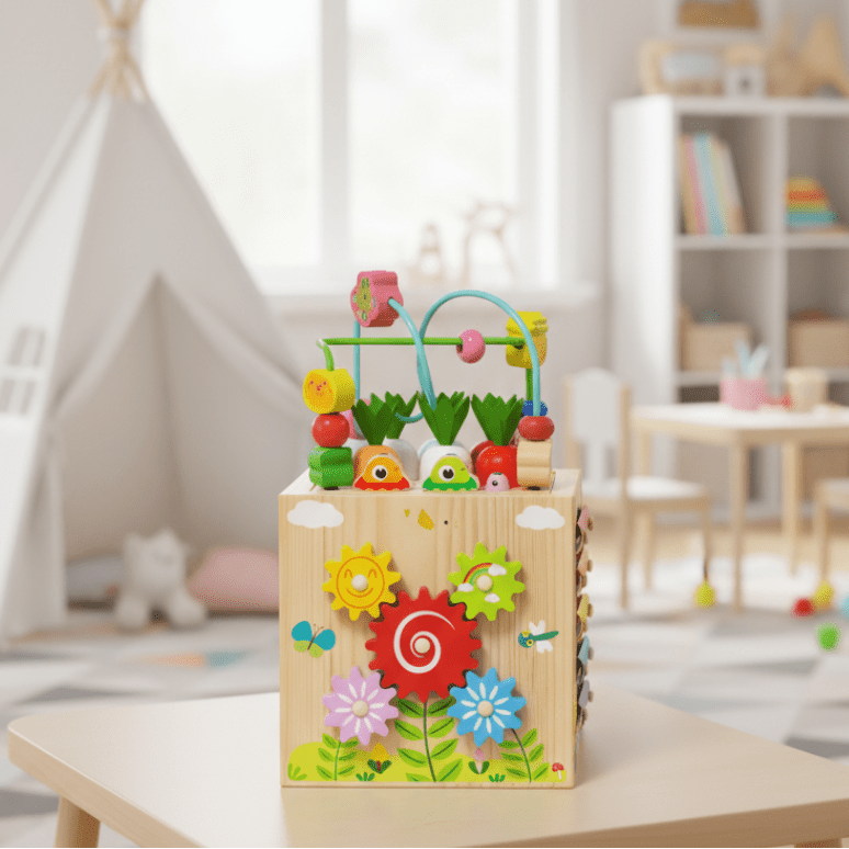 Wooden activity cube for toddlers, promoting early learning & fine motor skills development. Educational children's toy.