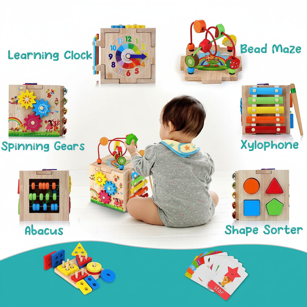 Multifunctional children's wooden activity cube with bead maze, gears & shape sorter for cognitive development.