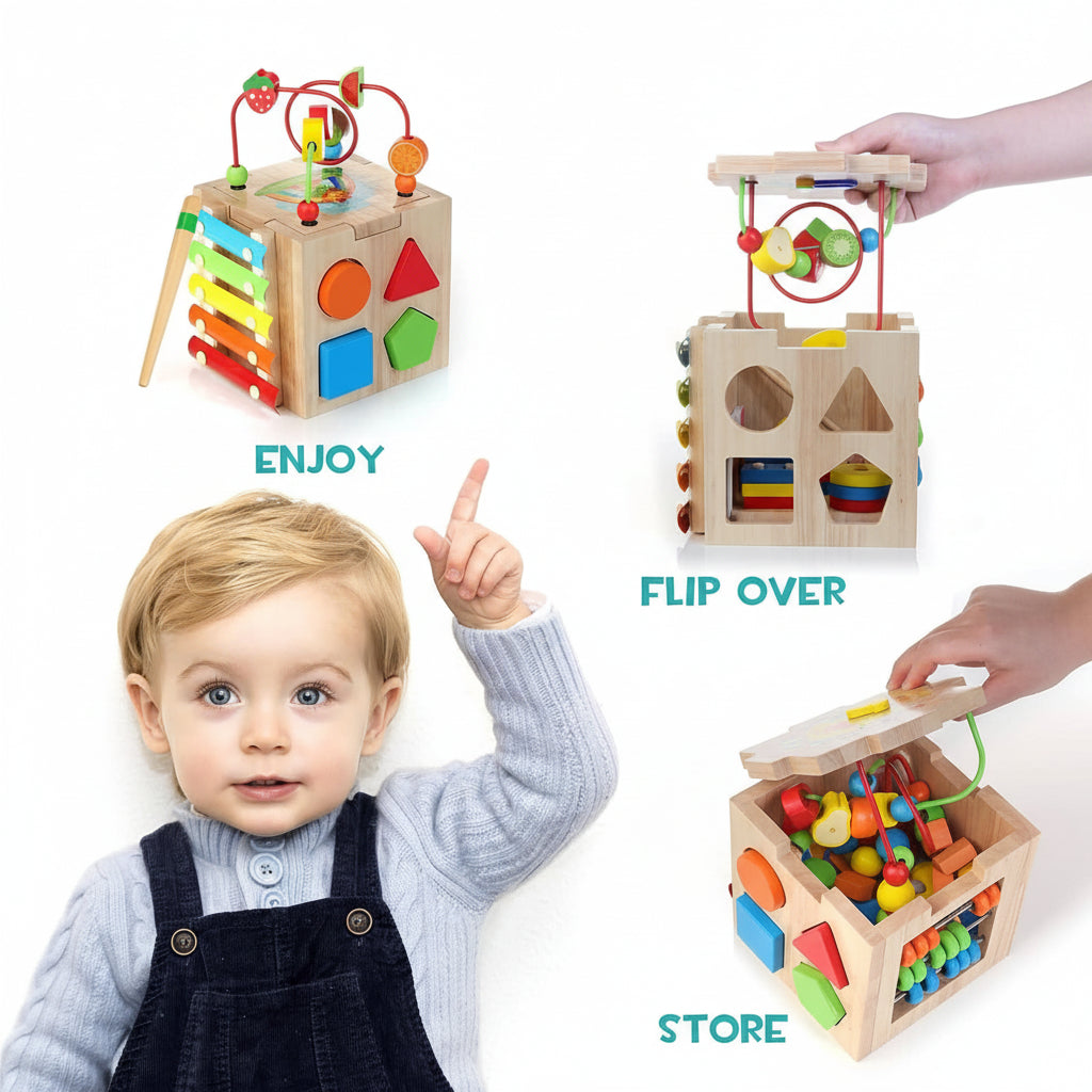 Educational wooden activity cube for toddlers, enhancing motor skills & problem-solving through engaging play.