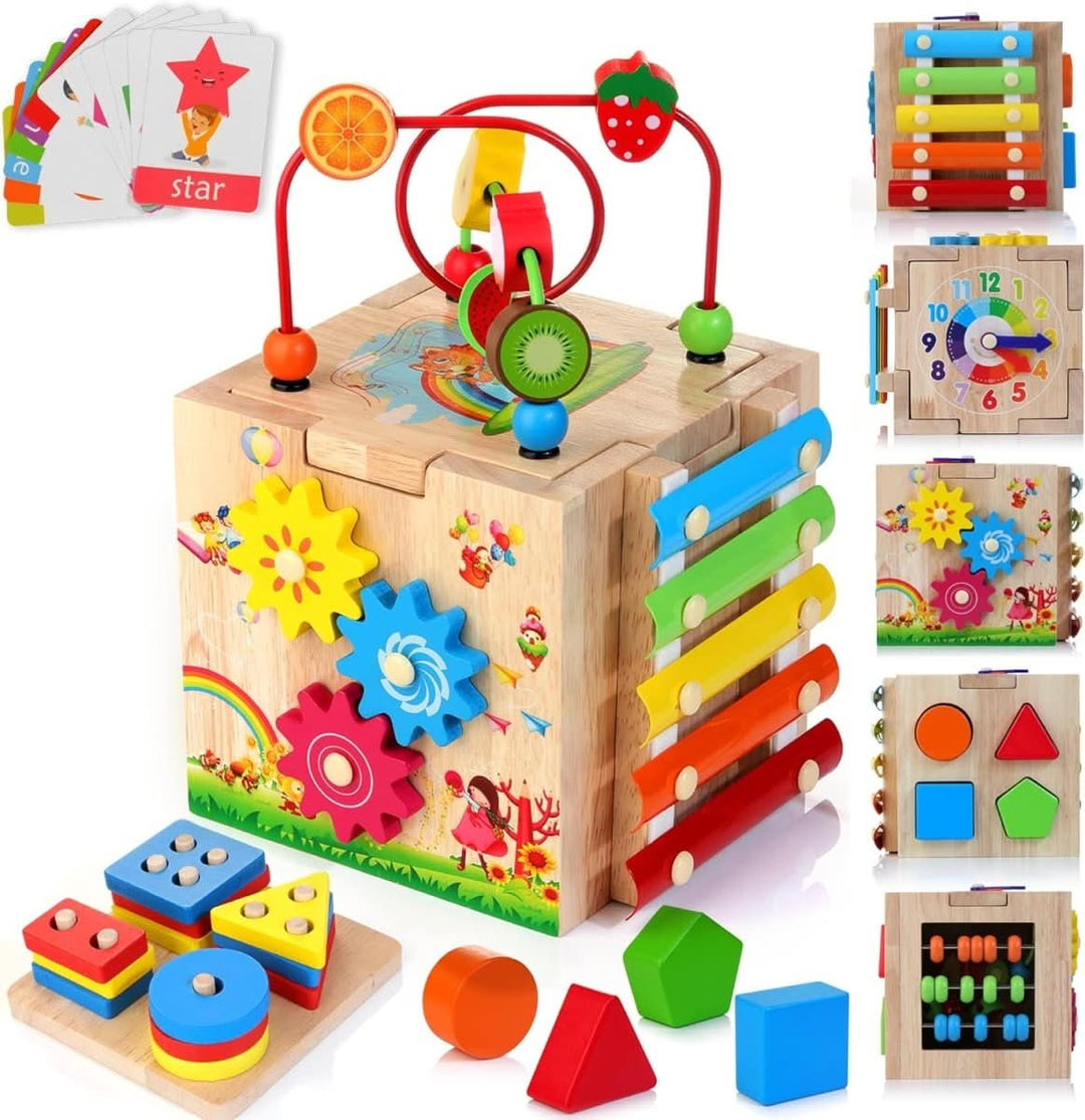 Close-up of a child's hands exploring a colorful wooden activity cube, boosting early learning & cognitive skills.
