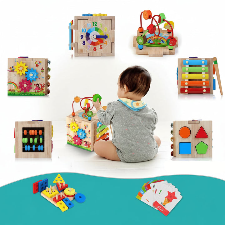 Early development activity cube, a wooden toy improving toddler motor skills, learning & sensory play. Educational.