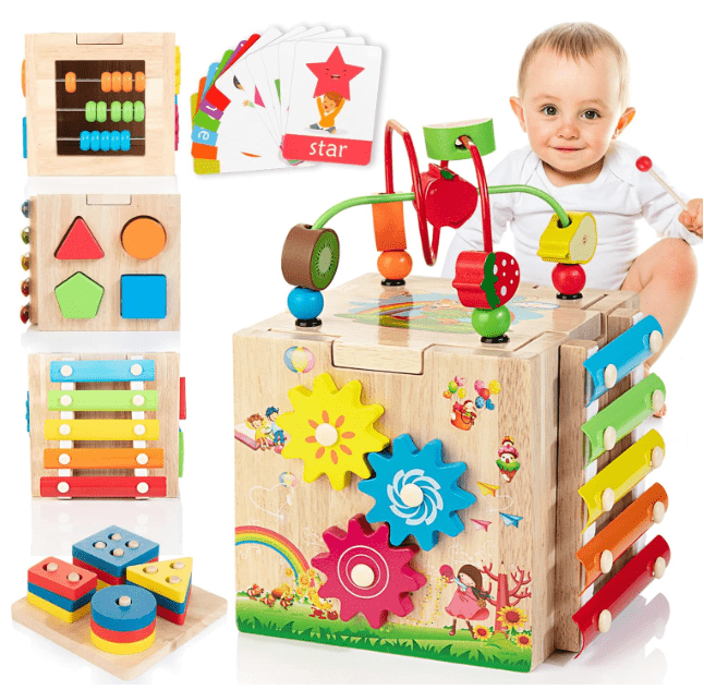 Interactive wooden activity cube for children, fostering cognitive development, fine motor skills, and creative play.