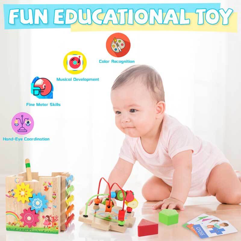 Wooden activity cube & shape sorter for toddlers, Montessori educational toy with xylophone.