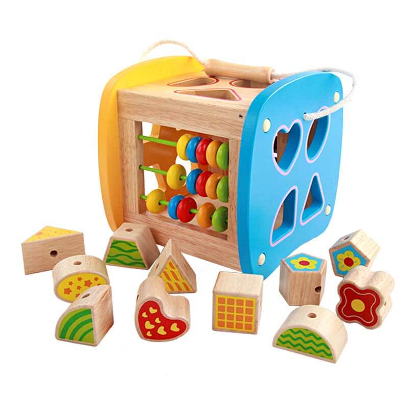 Brightly colored wooden activity cube & shape sorter, durable and safe for children's play.