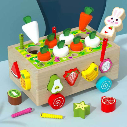 Wooden activity cube, an educational toy encouraging problem-solving and hand-eye coordination.