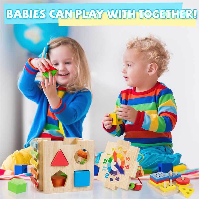 Toddler wooden activity cube with multiple play sides, enhancing fine motor skills & learning.