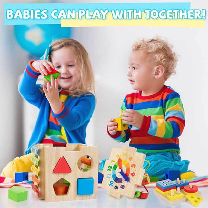 Toddler wooden activity cube with multiple play sides, enhancing fine motor skills & learning.