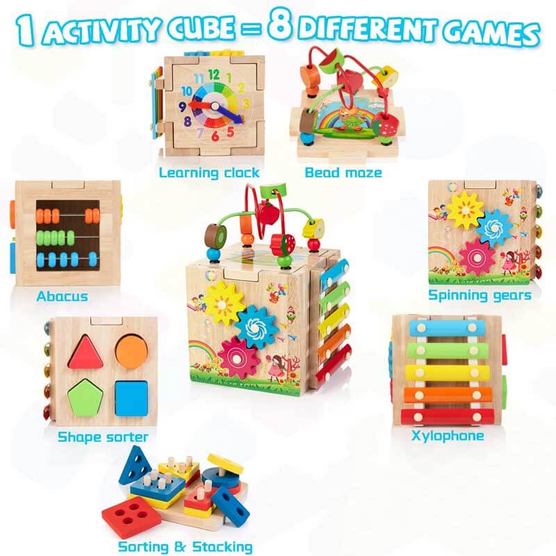 Montessori wooden activity cube featuring a shape sorter for early childhood development.