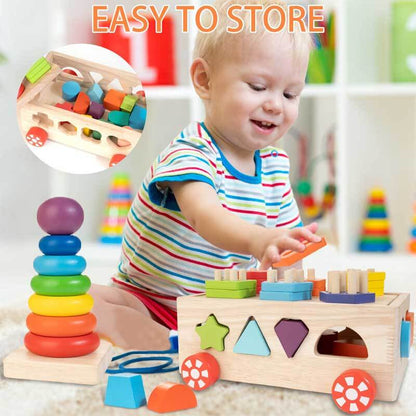 Educational wooden toy activity cube with colorful beads and a built-in xylophone for toddlers.