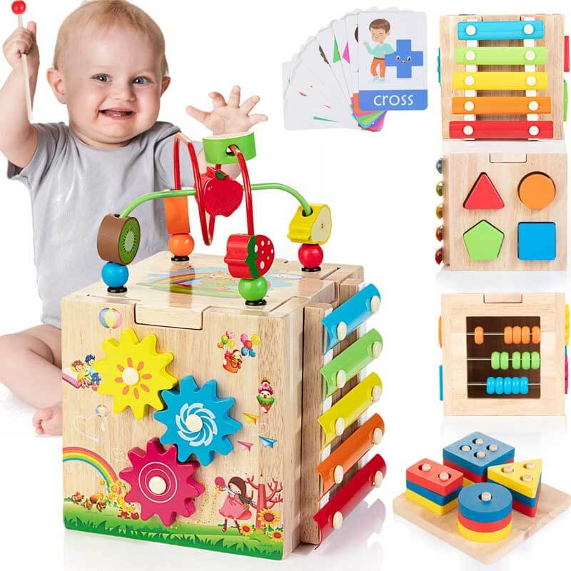 Vibrant wooden activity cube, a perfect gift for kids to develop fine motor skills & logical thinking.