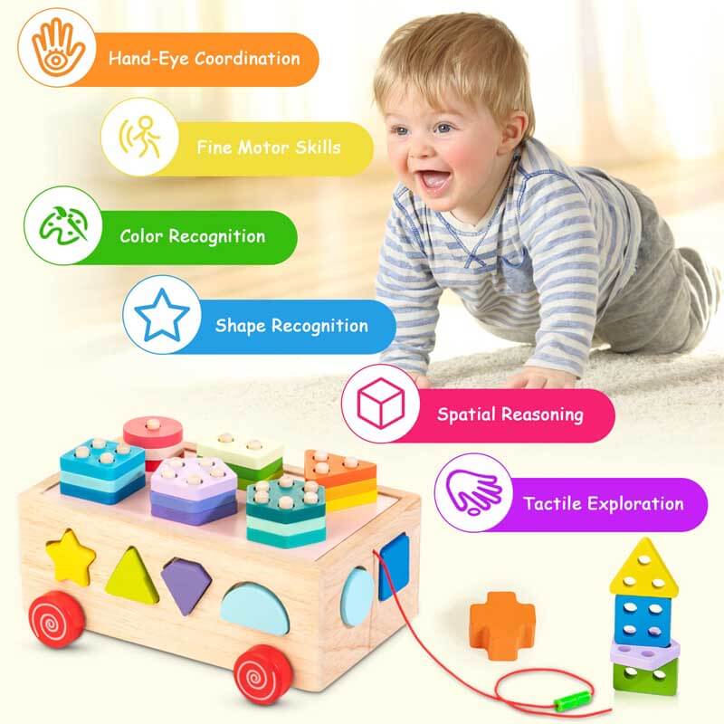 Multifunctional wooden activity cube with xylophone section, engaging young children in music.