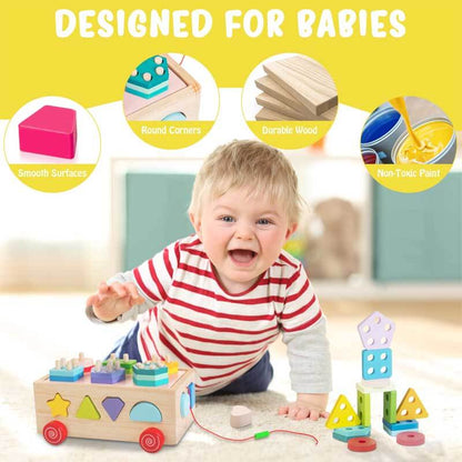 Montessori wooden activity cube for toddlers, designed for hands-on learning and skill building.